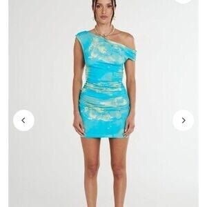 Turquoise One-Shoulder Ruched Mini Dress with Gold Accents